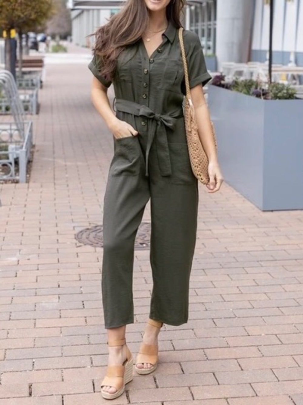 NWT Grace & Lace xl Utility Army Wide Leg Jumpsuit Short Sleeve Belted Button Up